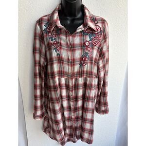 Seventh Avenue Red Plaid Long Button Down Tunic Shirt M Cotton Floral Embroidery